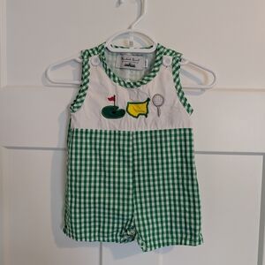 Smocked Masters Golf Green Gingham Golf Applique Baby One-Piece